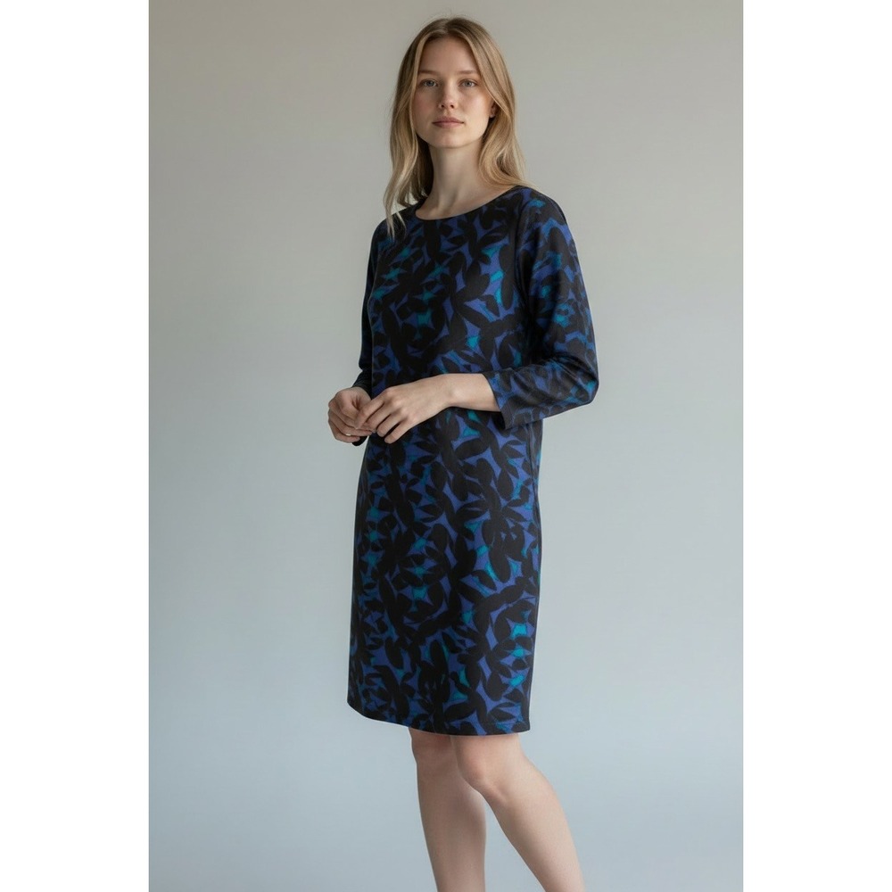 J.Crew Printed 3/4 Sleeve Gallery Dress Blue Black Abstract B7663 size 4 Petite